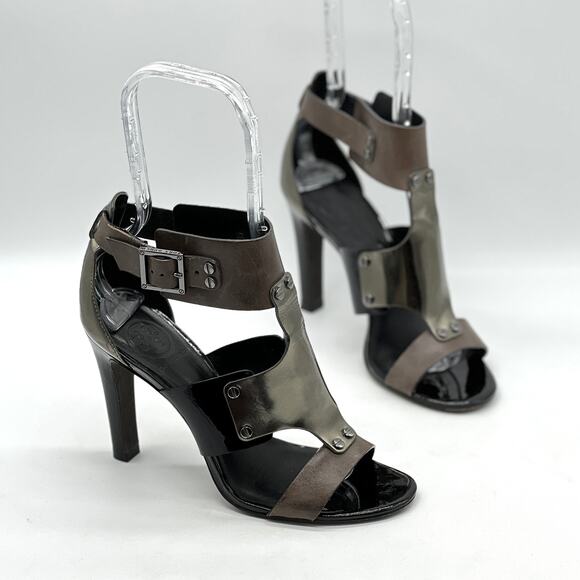 Tory Burch Shoes - TORY BURCH Teagan Leather Metallic Heel Sandal 7 Black Gunmetal Caged Gladiator